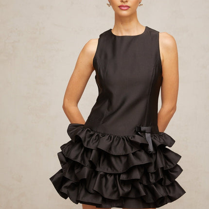 Kayleigh Black Mini Dress with Ruffled and Tiered Accents
