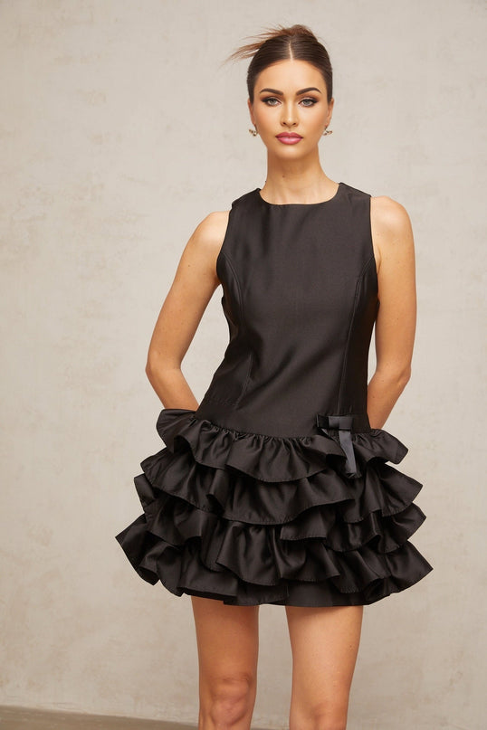 Kayleigh Black Mini Dress with Ruffled and Tiered Accents