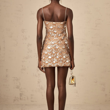 Kayleigh Mini Dress Neutrals Sequin Crystal Bow Embellishments Sleeveless Square Neck 100 Percent Polyester