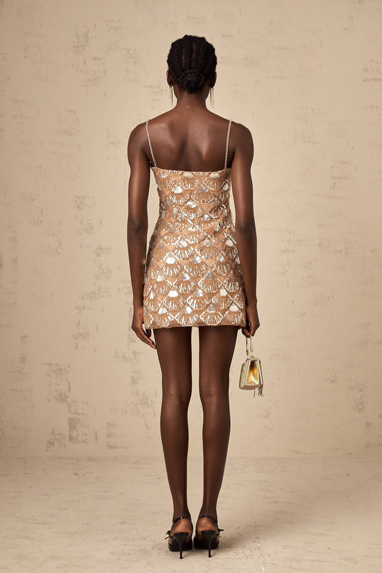 Kayleigh Mini Dress Neutrals Sequin Crystal Bow Embellishments Sleeveless Square Neck 100 Percent Polyester