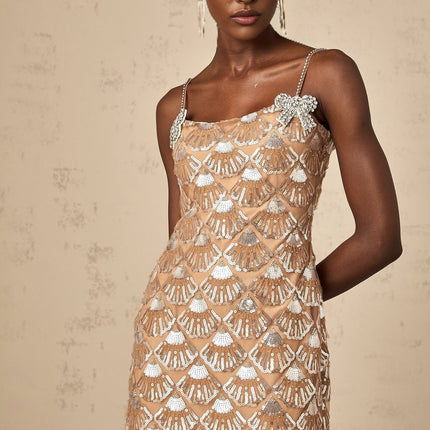 Kayleigh Mini Dress Neutrals Sequin Crystal Bow Embellishments Sleeveless Square Neck 100% Polyester Handmade Luxury Fashion