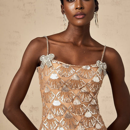 Kayleigh Mini Dress Neutrals Sequin Crystal Bow Embellishments Sleeveless Square Neck 100 Polyester