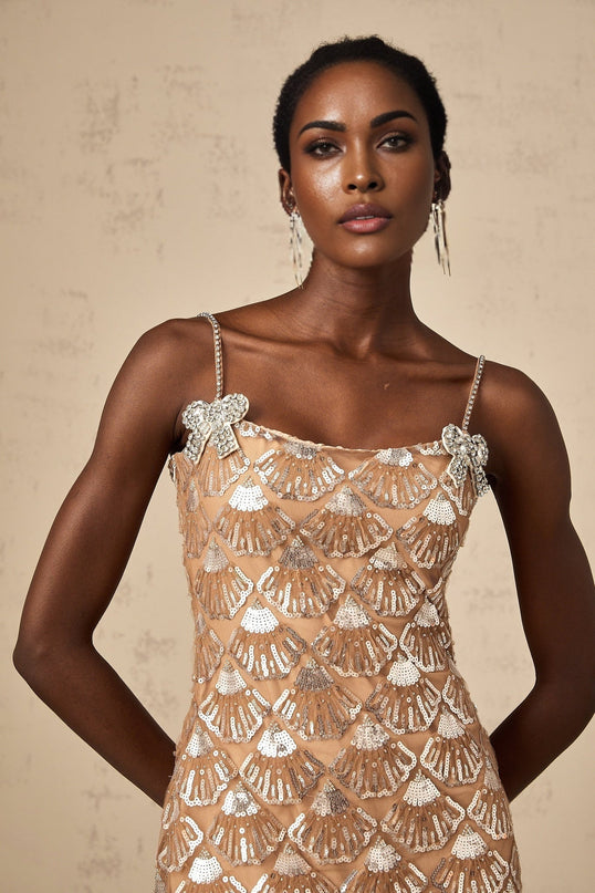 Kayleigh Mini Dress Neutrals Sequin Crystal Bow Embellishments Sleeveless Square Neck 100 Polyester