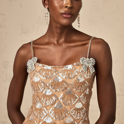 Kayleigh Mini Dress Neutrals Sequin Crystal Bow Embellishments Sleeveless Square Neck 100% Polyester