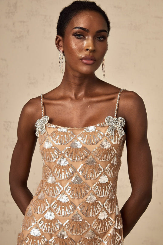 Kayleigh Mini Dress Neutrals Sequin Crystal Bow Embellishments Sleeveless Square Neck 100% Polyester