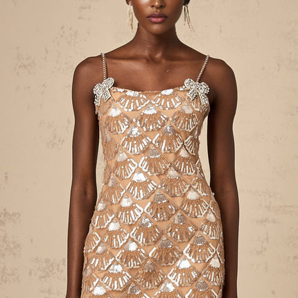 Kayleigh Neutrals Sequin Crystal Bow Embellished Mini Dress