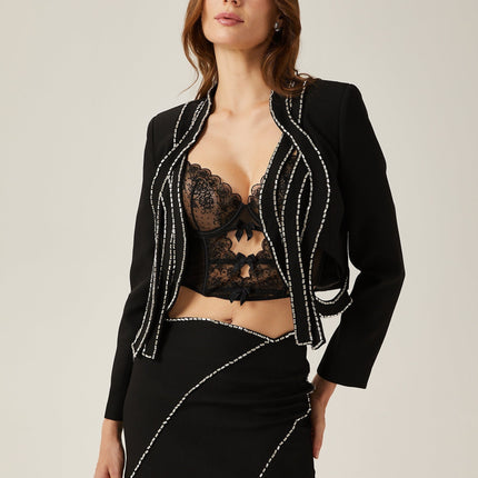 Kaylie Black Crystal Embellished Jacket Skirt Set