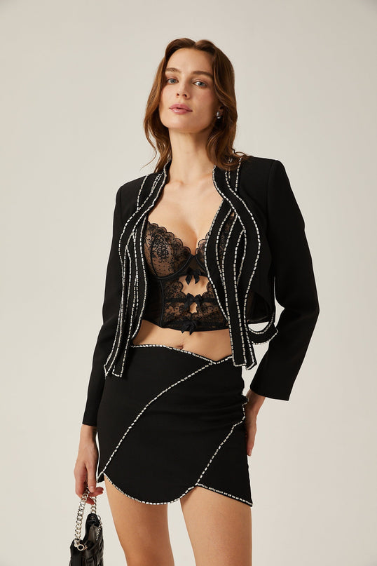 Kaylie Black Crystal Embellished Jacket Skirt Set