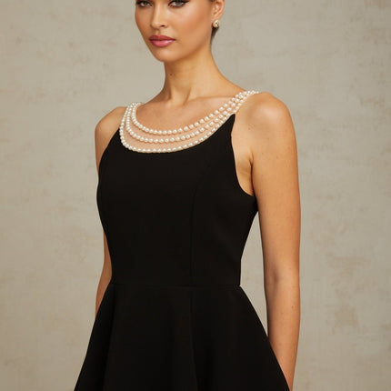 Kaylie Black Mini Dress with Faux-Pearl Embellishments and Flounce Hem