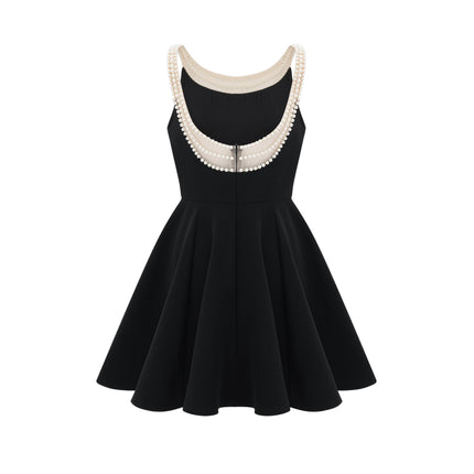 Kaylie Black Mini Dress Sleeveless Round Neck Wide Straps Cinched Waist Faux-Pearl Embellishments Flounce Hem Zip Fastening Terylene Fiber Thigh-Length