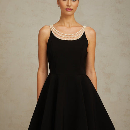 Kaylie Black Mini Dress with Faux-Pearl Embellishments
