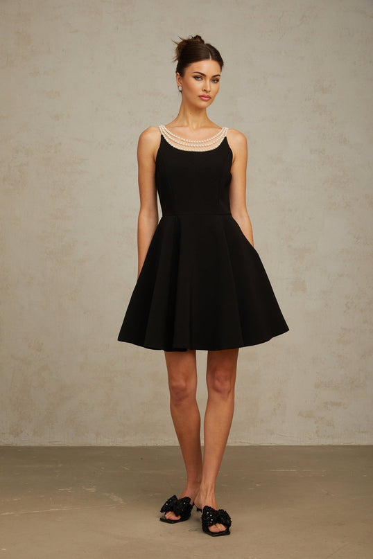 Kaylie Black Mini Dress with Faux-Pearl Embellishments and Flounce Hem
