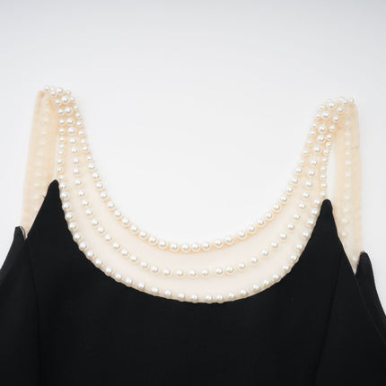 Kaylie Black Mini Dress with Faux-Pearl Embellishments and Flounce Hem