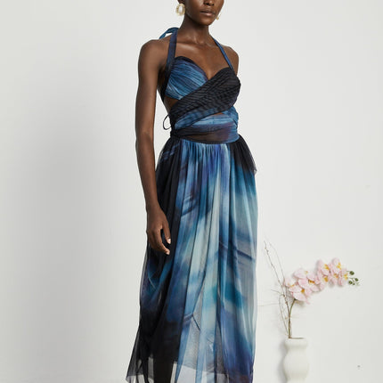 Kaylie Blue Halter Pleated Maxi Dress with Side Slit and Ombre Print