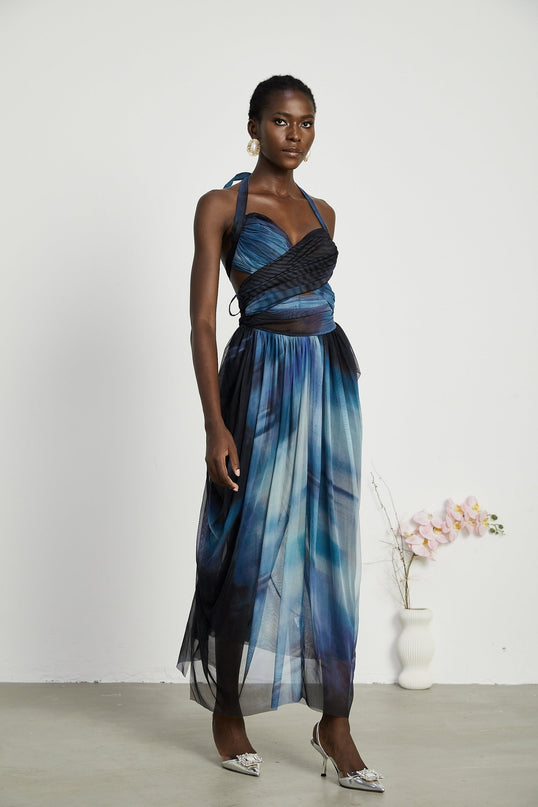 Kaylie Blue Halter Pleated Maxi Dress with Side Slit and Ombre Print