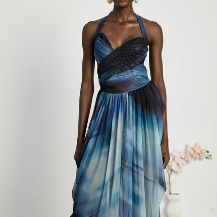 Kaylie Blue Ombre Halter Bustier Pleated Maxi Dress