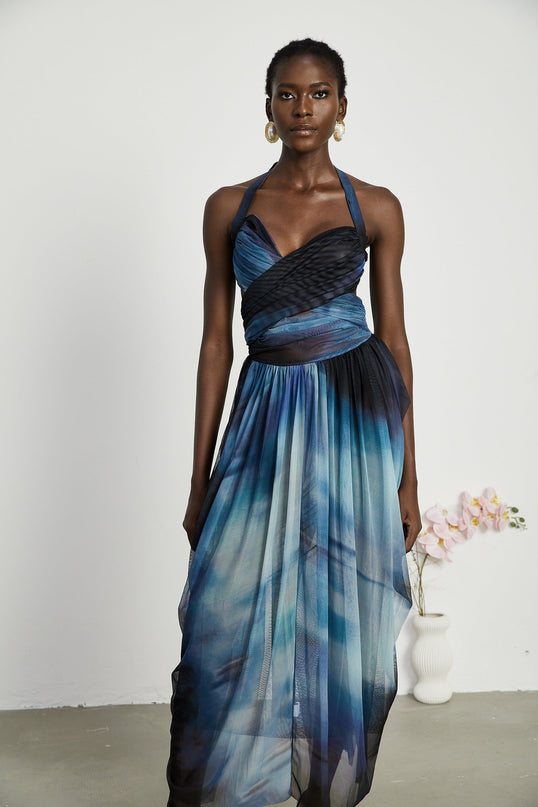 Kaylie Blue Ombre Halter Bustier Pleated Maxi Dress
