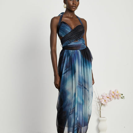 Kaylie Blue Ombre Halter Maxi Dress Pleats Flounce Hem