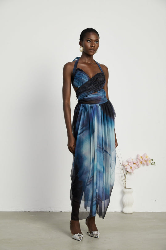 Kaylie Blue Ombre Halter Maxi Dress Pleats Flounce Hem