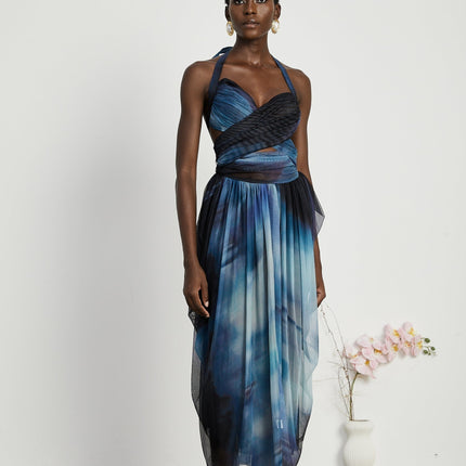Kaylie Blue Ombre Halter Maxi Dress with Pleats and Flounce Hem