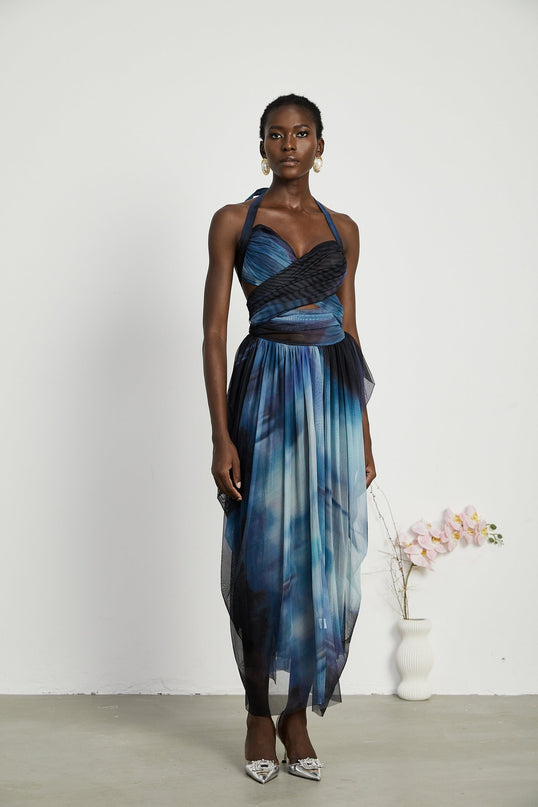 Kaylie Blue Ombre Halter Maxi Dress with Pleats and Flounce Hem