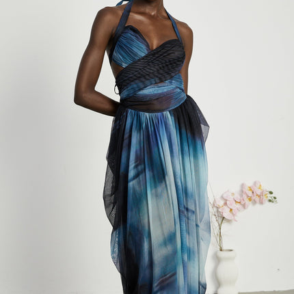 Kaylie Blue Ombre Halter Maxi Dress Pleats Flounce Hem Side Slit