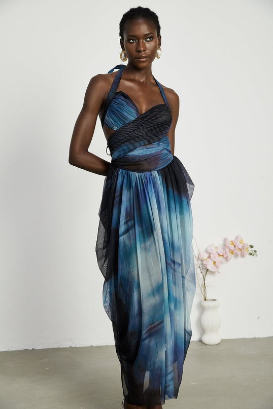 Kaylie Blue Ombre Halter Maxi Dress Pleats Flounce Hem Side Slit