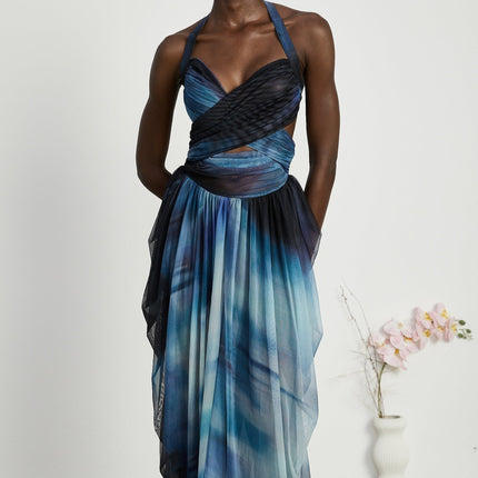 Kaylie Blue Ombre Maxi Dress Pleats Halter Bustier Side Slit Flounce Hem Elegance Sophistication
