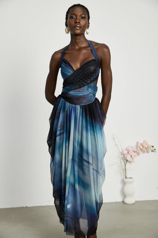 Kaylie Blue Ombre Maxi Dress Pleats Halter Bustier Side Slit Flounce Hem Elegance Sophistication