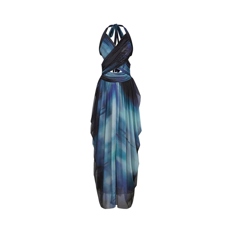 Kaylie Blue Ombre Pleated Halter Maxi Dress