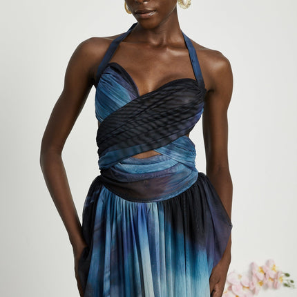 Kaylie Blue Ombre Pleated Halter Maxi Dress