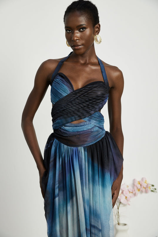 Kaylie Blue Ombre Pleated Halter Maxi Dress