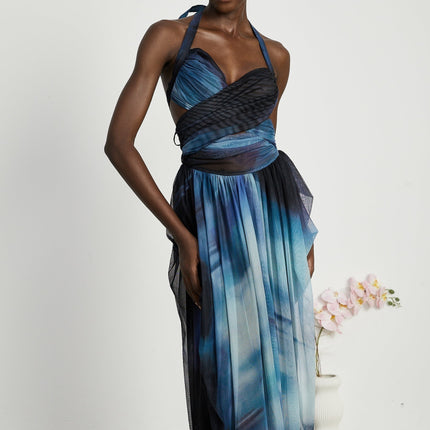 Kaylie Blue Ombre Pleated Halter Maxi Dress