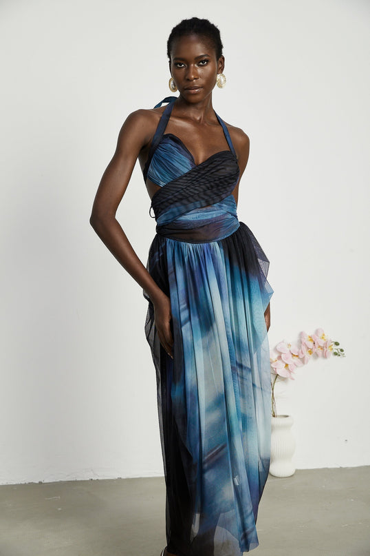 Kaylie Blue Ombre Pleated Halter Maxi Dress