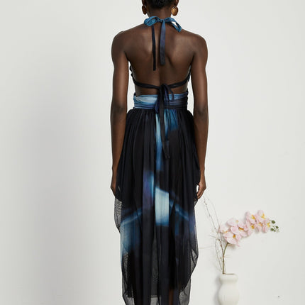 Kaylie Blue Ombre Pleated Halter Maxi Dress