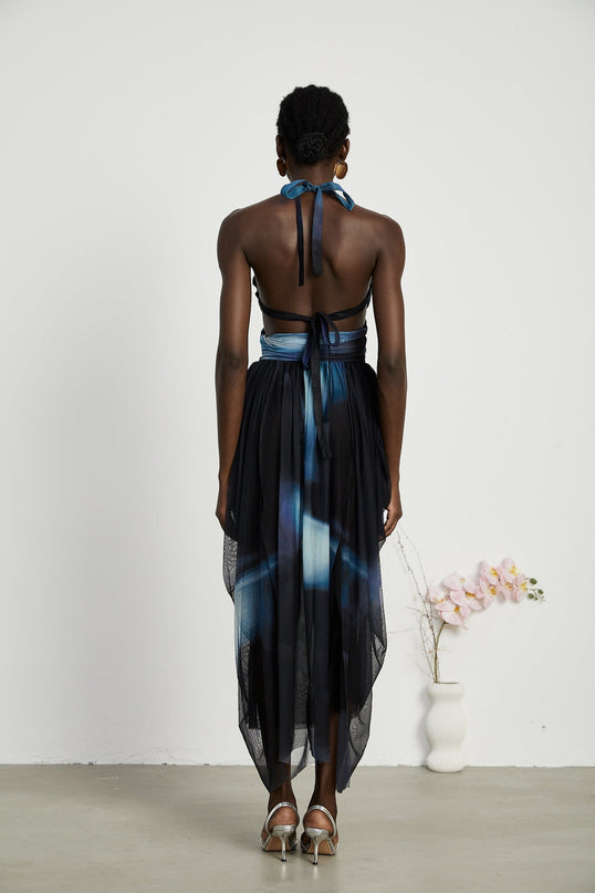 Kaylie Blue Ombre Pleated Halter Maxi Dress