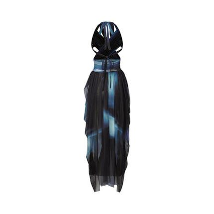 Kaylie Blue Ombre Pleated Maxi Dress with Halter Bustier and Side Slit