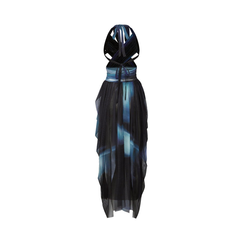 Kaylie Blue Ombre Pleated Maxi Dress with Halter Bustier and Side Slit
