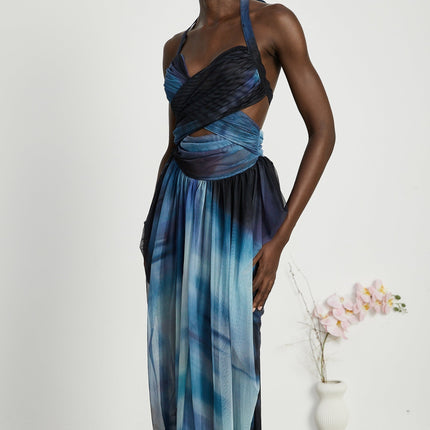 Kaylie Blue Ombre Pleated Maxi Dress
