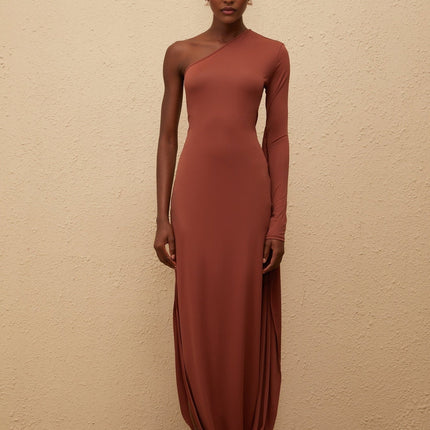 Kaylie Brown Asymmetrical Draped Panel One Shoulder Maxi Dress