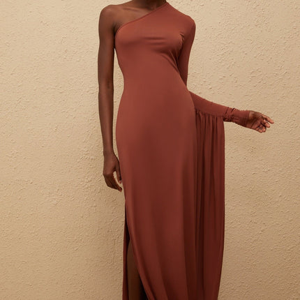 Kaylie Brown Asymmetrical Draped Panel One Shoulder Midi Dress Zip Closure Fitted Silhouette Panelled Design Maxi Length 95% Terylene 5% Spandex Formal Occasion Luxury