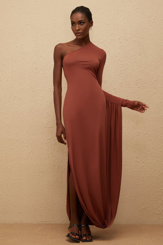 Kaylie Brown Asymmetrical Draped Panel One Shoulder Midi Dress Zip Closure Fitted Silhouette Panelled Design Maxi Length 95% Terylene 5% Spandex Formal Occasion Luxury