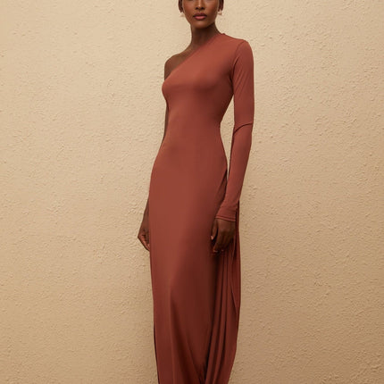 Kaylie Brown One-Shoulder Midi Dress with Asymmetrical Draped Panel and Zip Closure