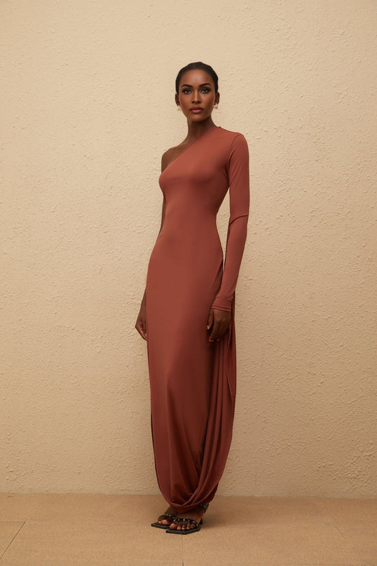 Kaylie Brown One-Shoulder Midi Dress with Asymmetrical Draped Panel and Zip Closure