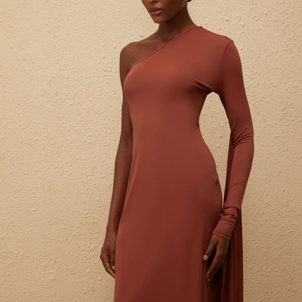 Kaylie Brown One-Shoulder Midi Dress with Draped Panel and Zip Closure