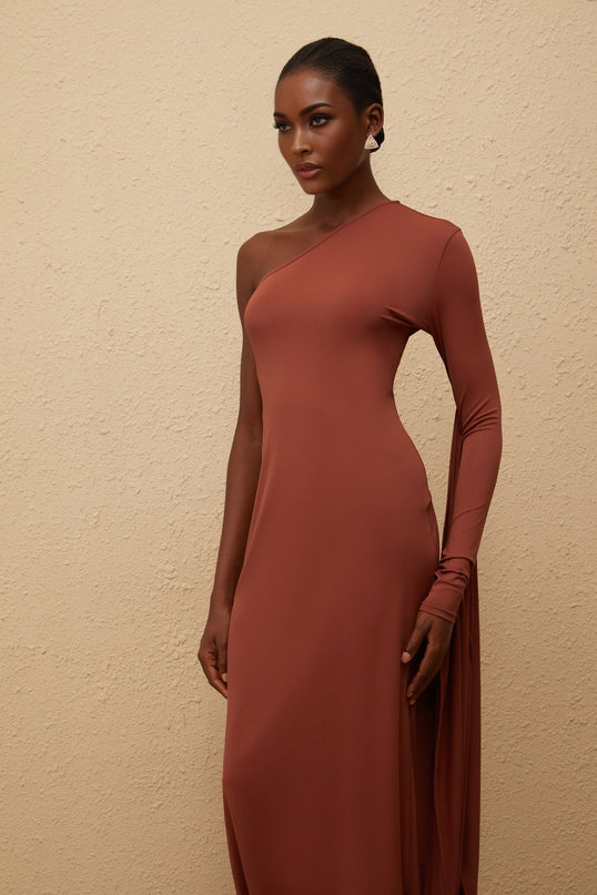 Kaylie Brown One-Shoulder Midi Dress with Draped Panel and Zip Closure