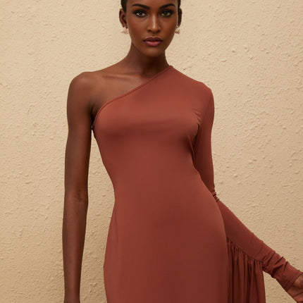 Kaylie Brown Asymmetrical Draped Panel One Shoulder Maxi Dress