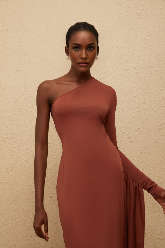 Kaylie Brown Asymmetrical Draped Panel One Shoulder Maxi Dress