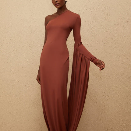 Kaylie Brown One-Shoulder Maxi Dress with Asymmetrical Draped Panel and Zip Closure