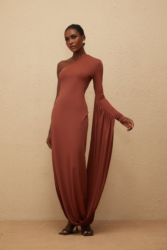 Kaylie Brown One-Shoulder Maxi Dress with Asymmetrical Draped Panel and Zip Closure